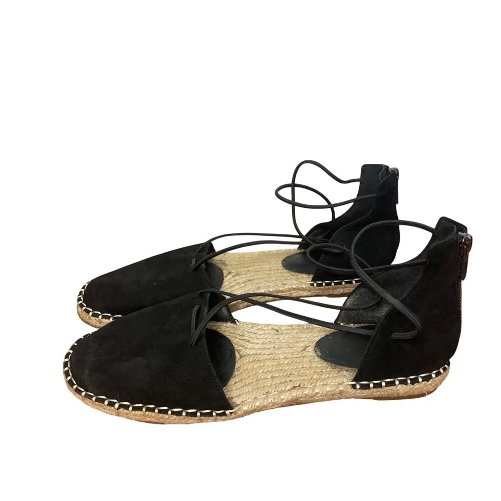 Eileen Fisher Lace Espadrille Flats Womens 8 Black Suede Strappy Sandals